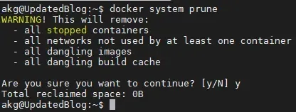 Terminal output showing the docker system prune command being run