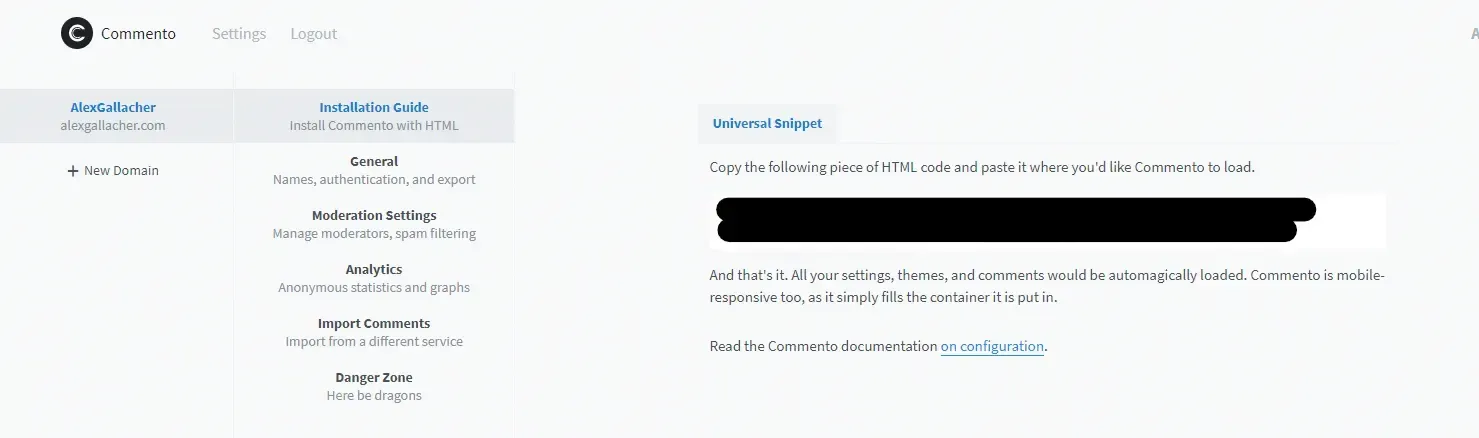 Code snipper used to install the comments into your website