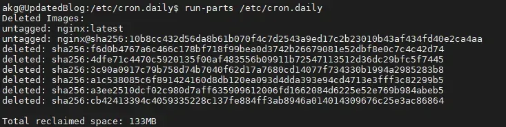 Terminal output showing all the deleted images off the VPS using the Cron.daily command