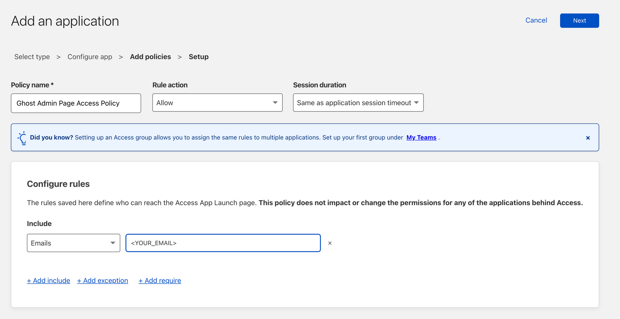 Configure policies for Cloudflare Teams Application