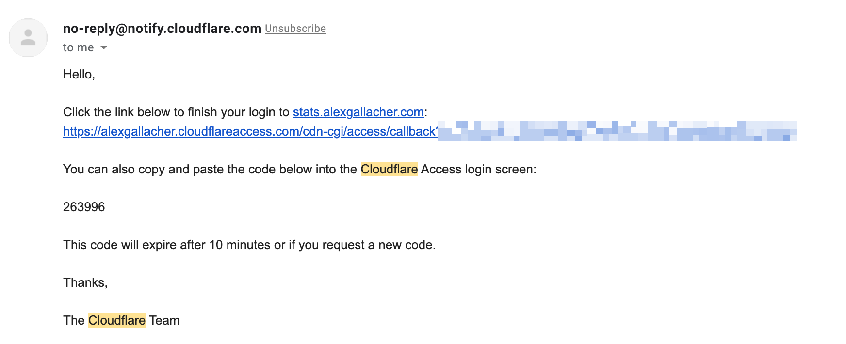 Email showing One Time PIN (OTP) from Cloudflare